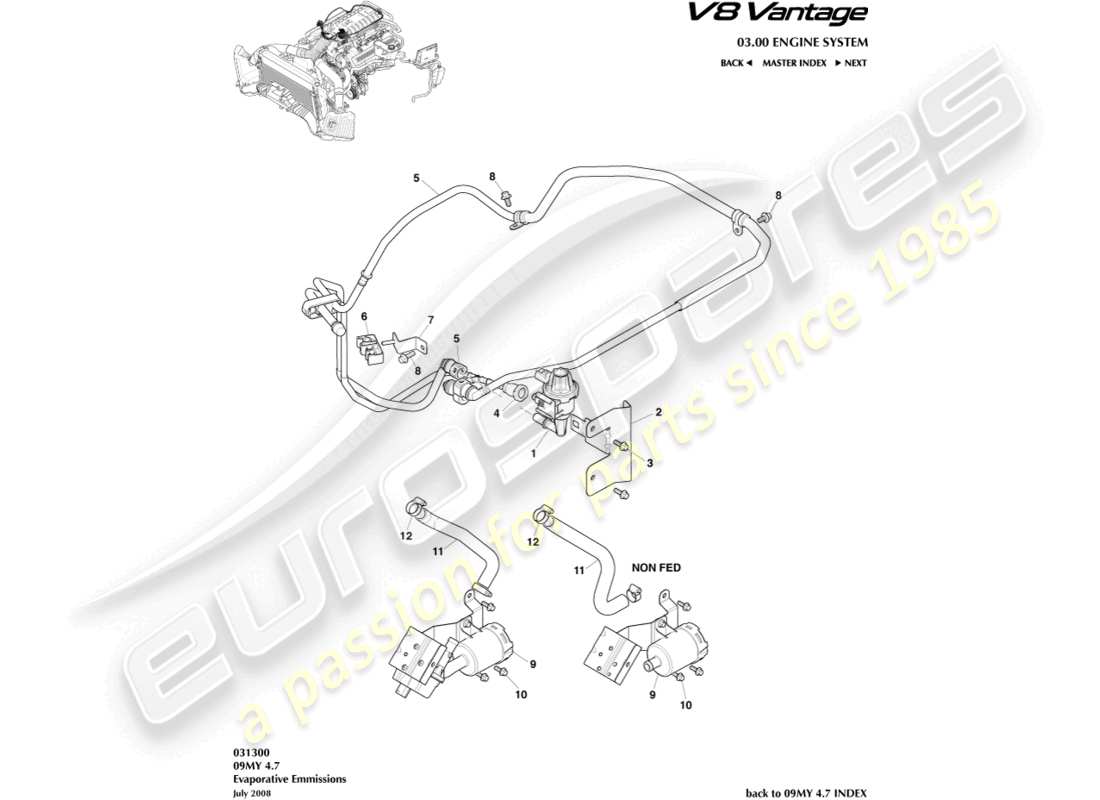 aston martin v8 vantage (2012) diagrama de partes de emisiones evaporativas