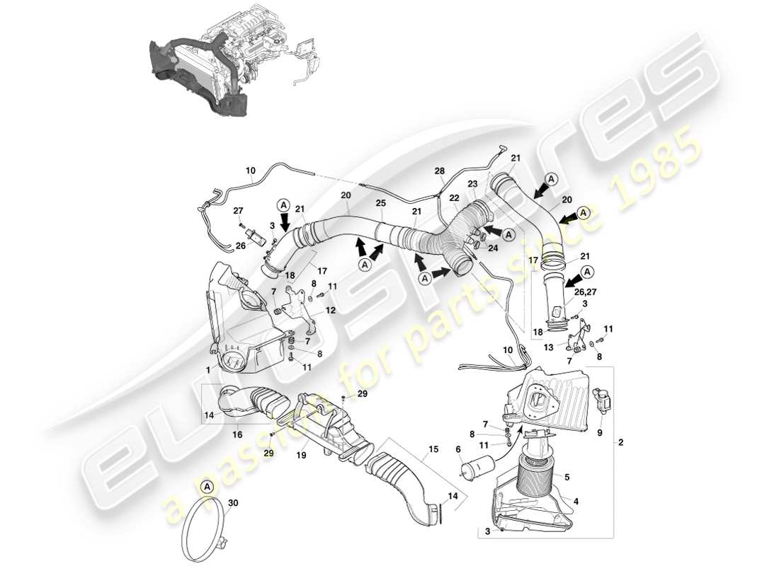 aston martin v8 vantage (2005) carga de aire, v8s diagrama de piezas