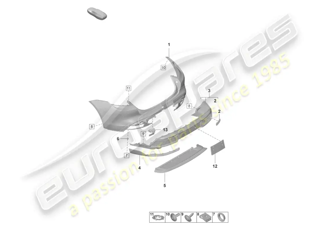 porsche 2020 (taycan 9j1-1) diagrama de piezas del paquete sport design del parachoques trasero