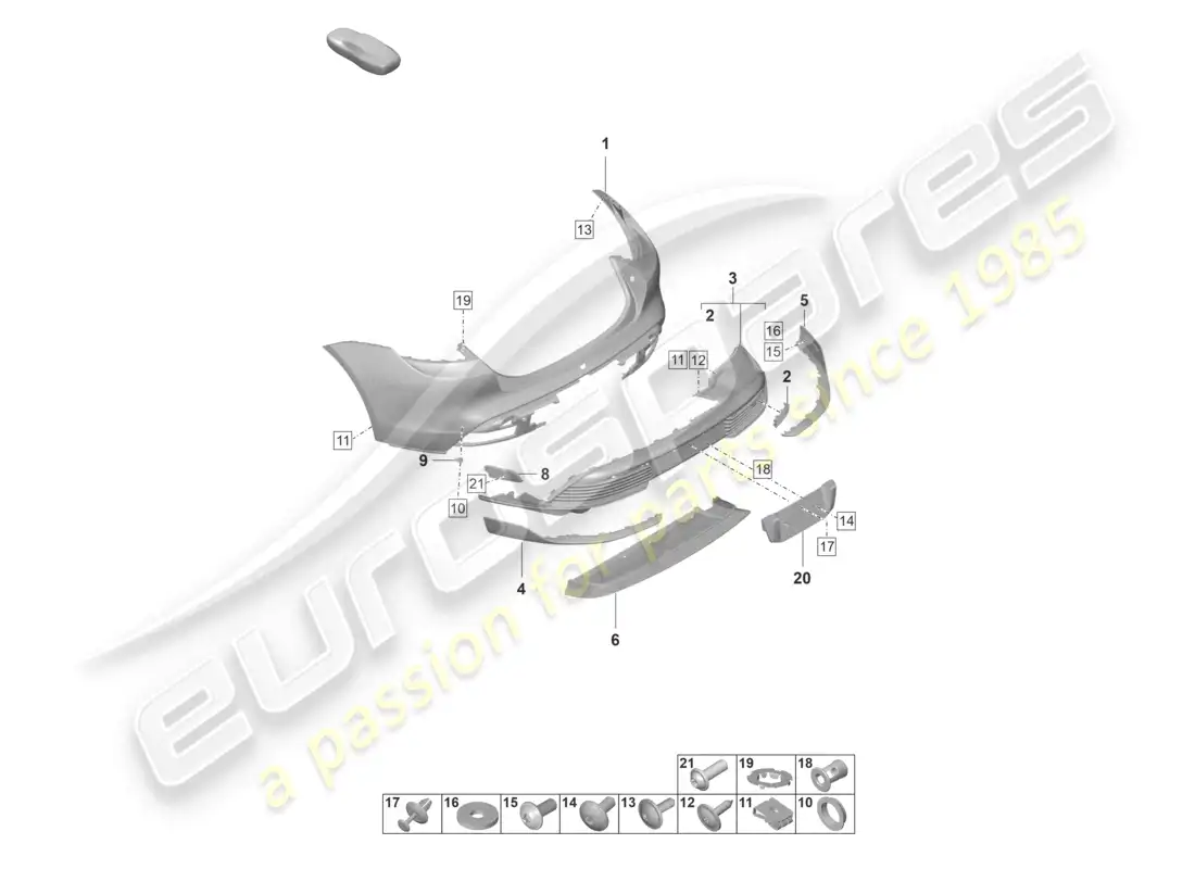 porsche 2020 (taycan 9j1-1) diagrama de piezas del paquete sport design del parachoques trasero