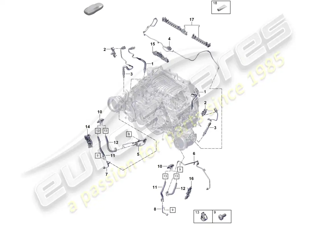 porsche 2025 (992-2 gt3/rs/st) convertidor catalítico filtro de partículas de gasolina fijaciones y sensores diagrama de piezas