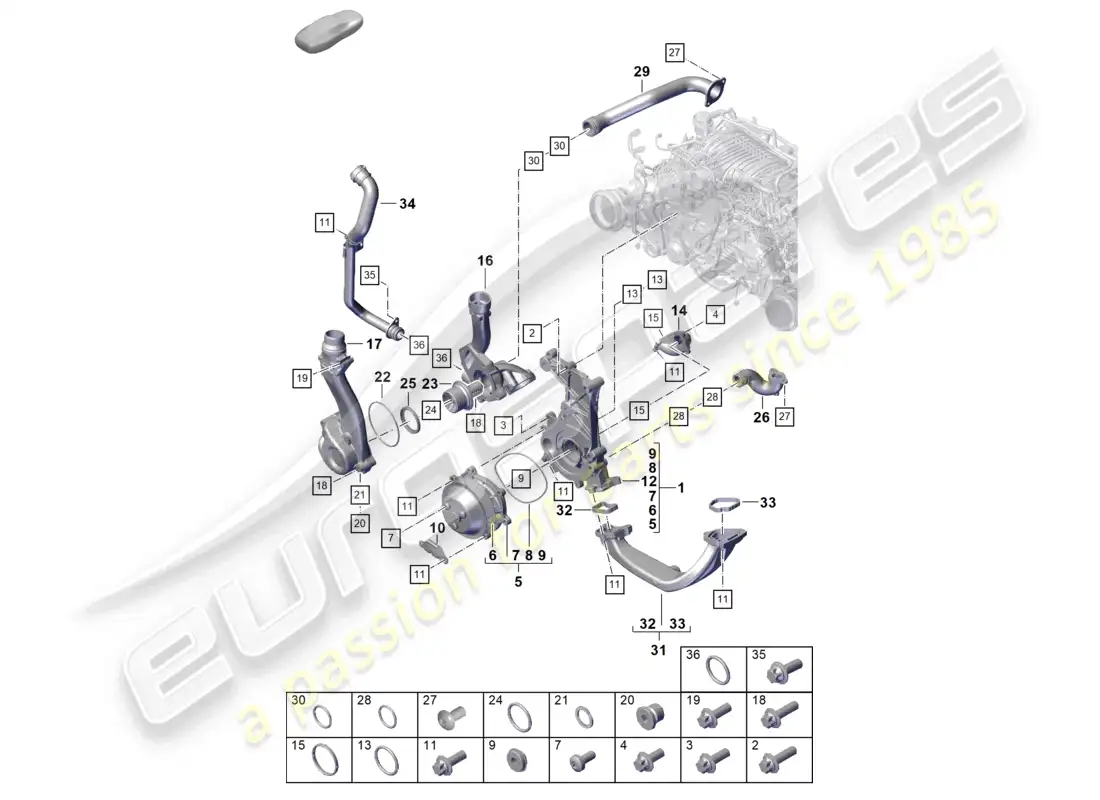 porsche 2025 (992-2 gt3/rs/st) carcasa del termostato del termostato de la bomba de refrigerante diagrama de piezas