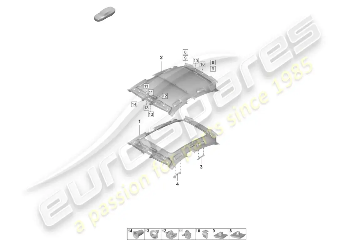 porsche 2020 (taycan 9j1-1) diagrama de piezas del revestimiento del techo moldeado