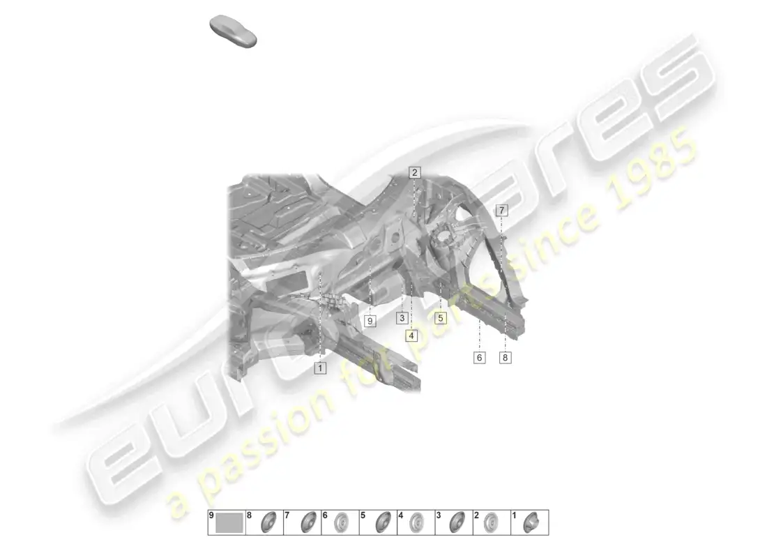 porsche 2020 (taycan 9j1-1) diagrama de piezas del cortafuegos del miembro lateral interior del extremo delantero