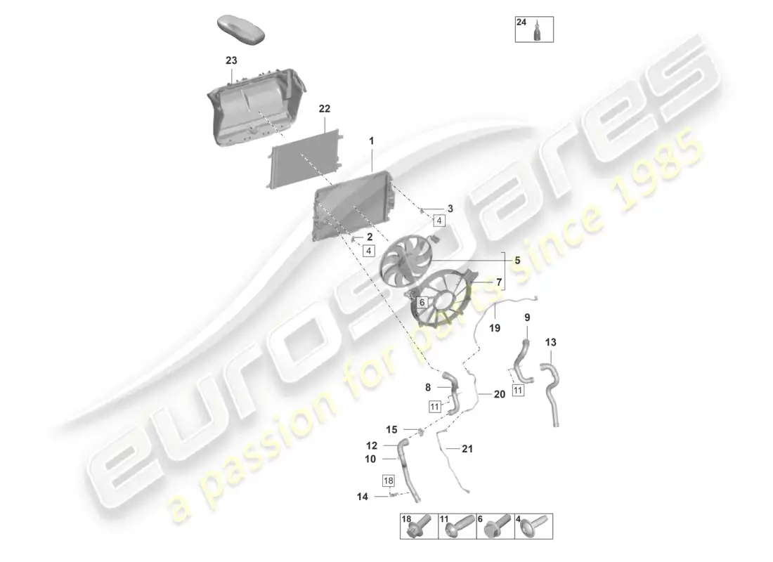 porsche 2022 (992-1 gt3/rs/st) diagrama de piezas del ventilador del radiador del enfriador del centro del refrigerante
