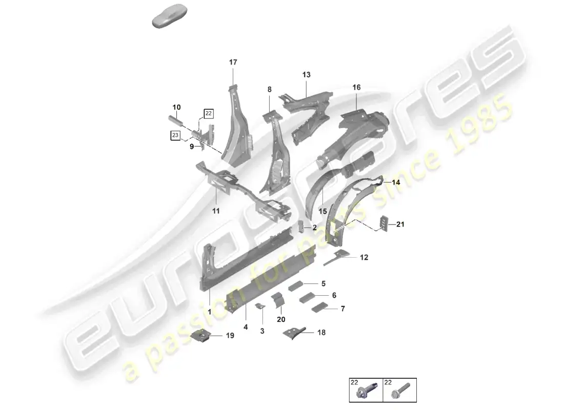 porsche 2022 (992-1 gt3/rs/st) diagrama de piezas del lado interior del umbral gt3rs