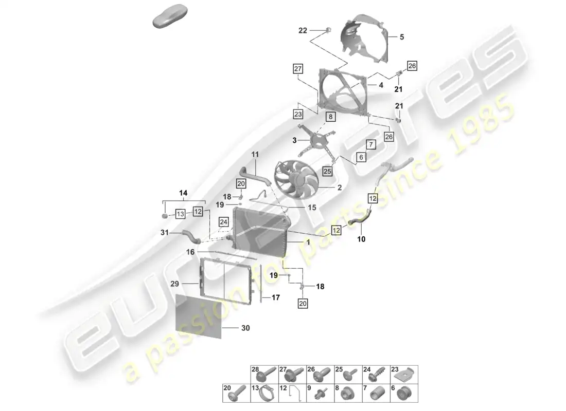porsche 2022 (992-1 gt3/rs/st) diagrama de piezas del ventilador del radiador delantero del enfriador de refrigerante