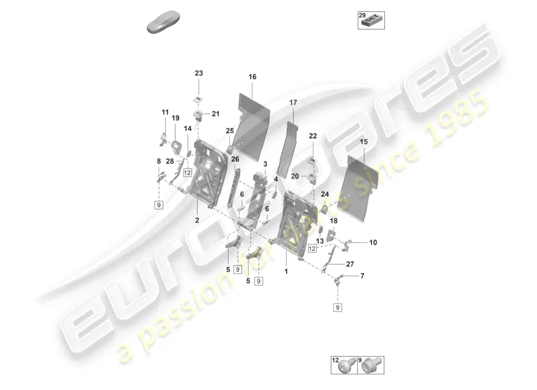 porsche 2023 (taycan 9j1-1) estructura del respaldo asiento confort diagrama de piezas