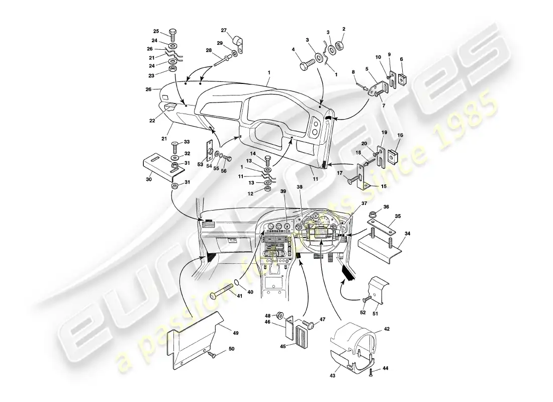 aston martin v8 coupe (1999) fascia y recorte diagrama de piezas