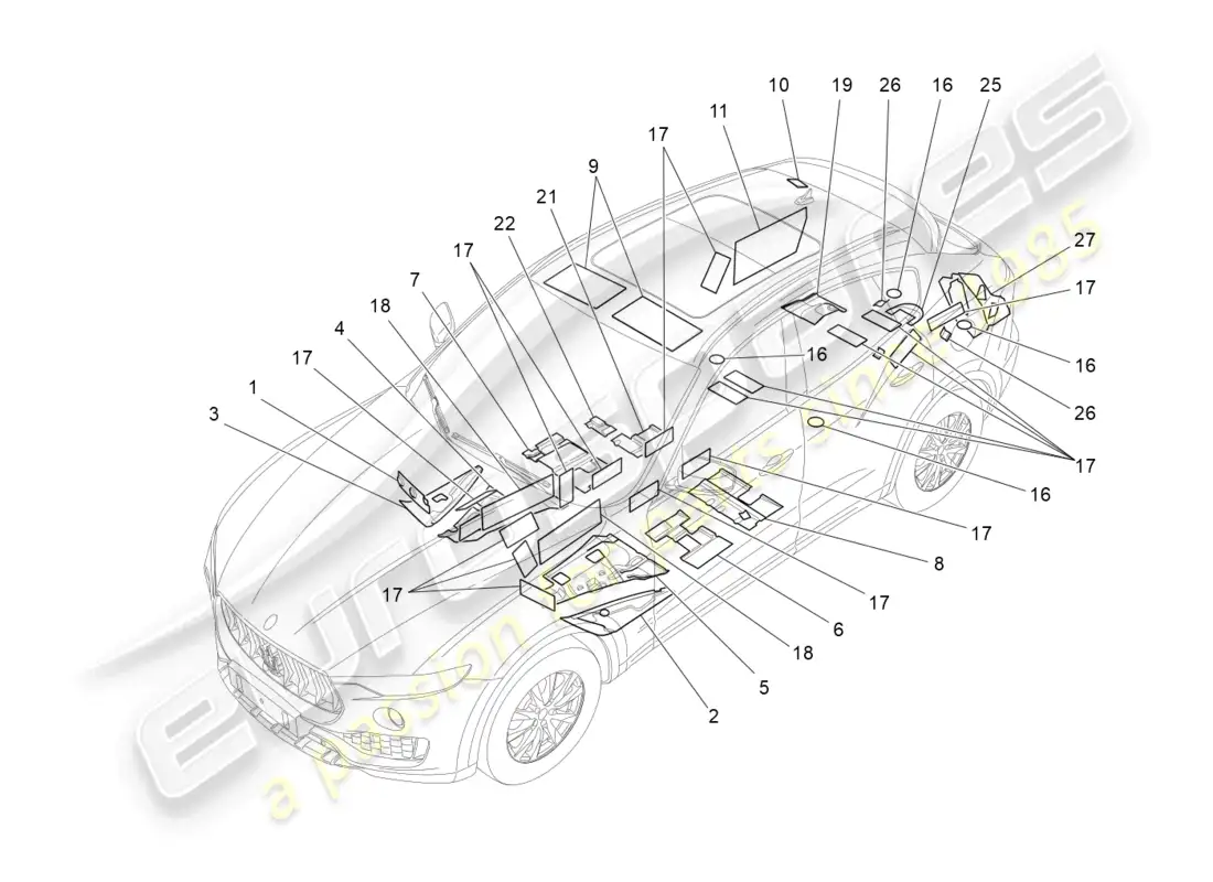 maserati levante (2018) paneles insonorizadores en el interior del vehículo diagrama de piezas