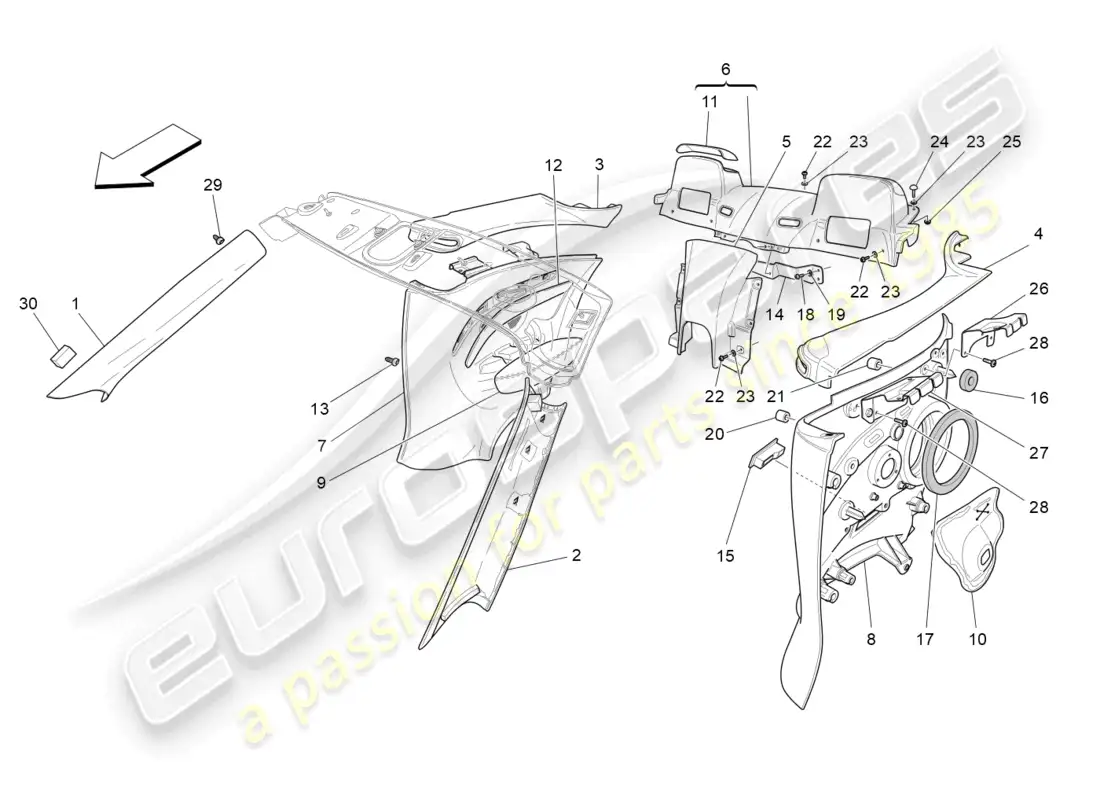 maserati grancabrio mc (2013) paneles de adorno del pilar del habitáculo b y paneles laterales diagrama de piezas