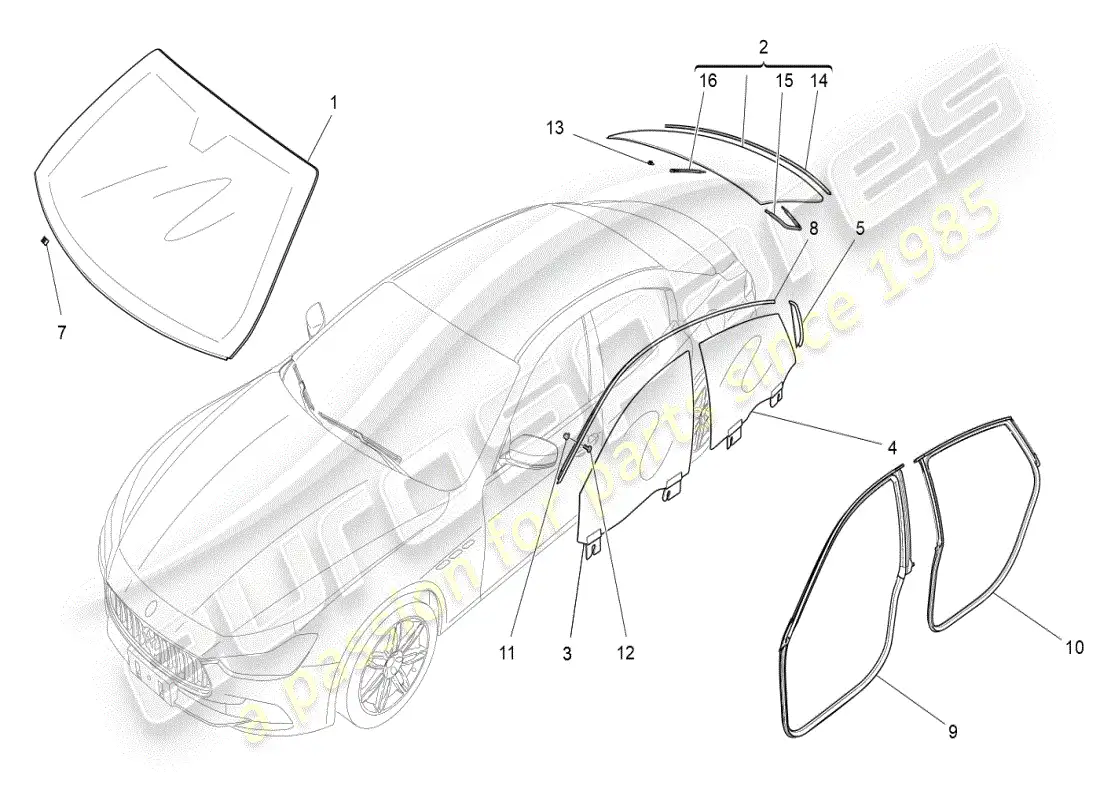 maserati ghibli (2019) diagrama de piezas de ventanas y listones de ventanas