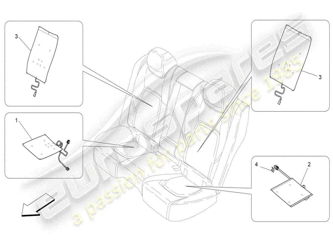 maserati ghibli (2019) asientos traseros: diagrama de piezas de mecánica y electrónica