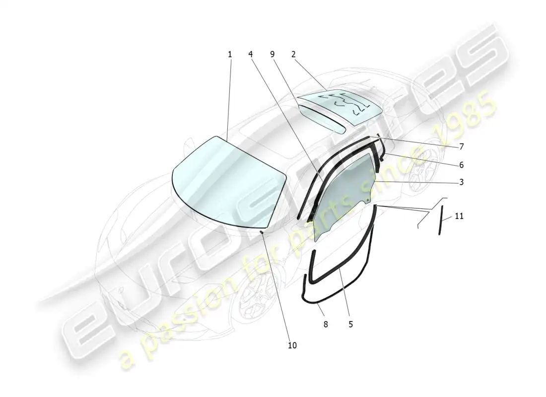 maserati mc20 (2022) ventanas y bandas de ventanas diagrama de piezas