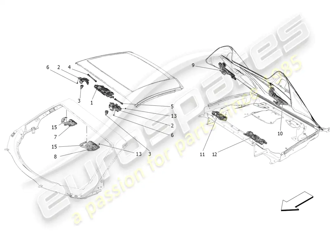 maserati mc20 cielo (2023) capote eléctrico: cierres y microinterruptores diagrama de piezas