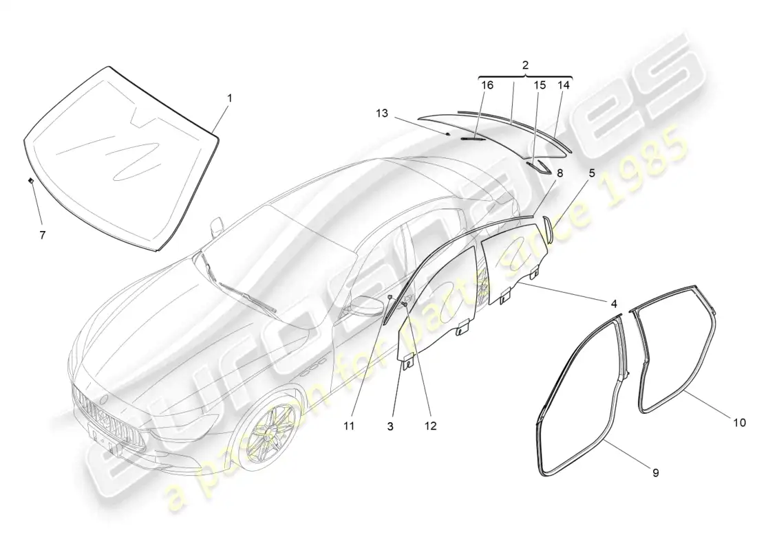 maserati ghibli fragment (2022) ventanas y bandas de ventanas diagrama de piezas