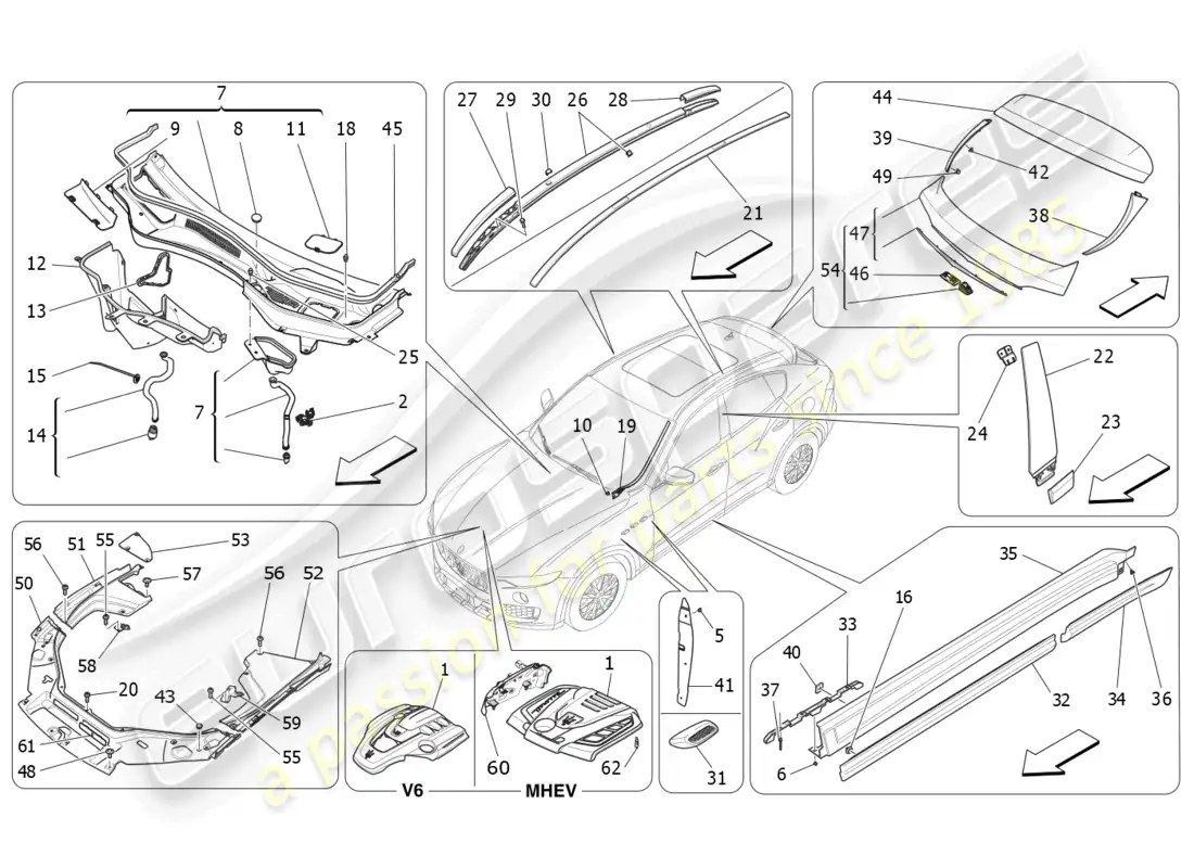 maserati levante (2018) protectores, embellecedores y paneles de cobertura diagrama de piezas