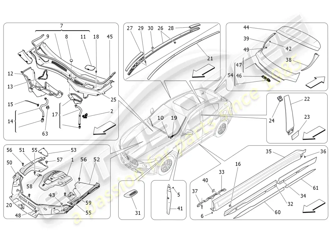 maserati levante trofeo (2020) protectores, embellecedores y paneles de cobertura diagrama de piezas
