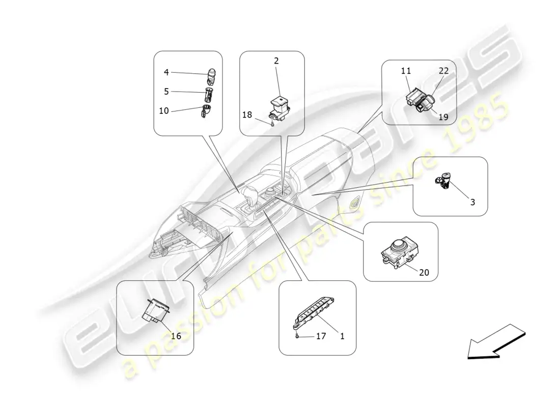 maserati levante modena (2022) dispositivos de consola central diagrama de piezas