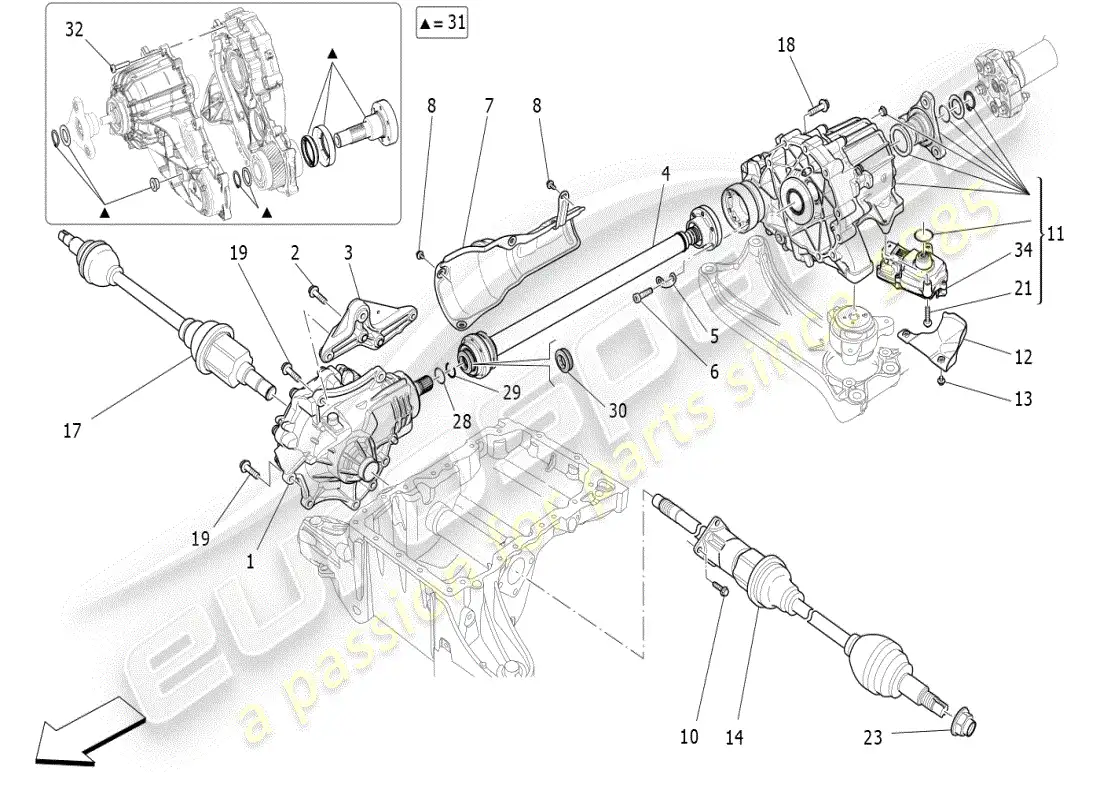 maserati ghibli (2019) transmisión de ruedas delanteras diagrama de piezas