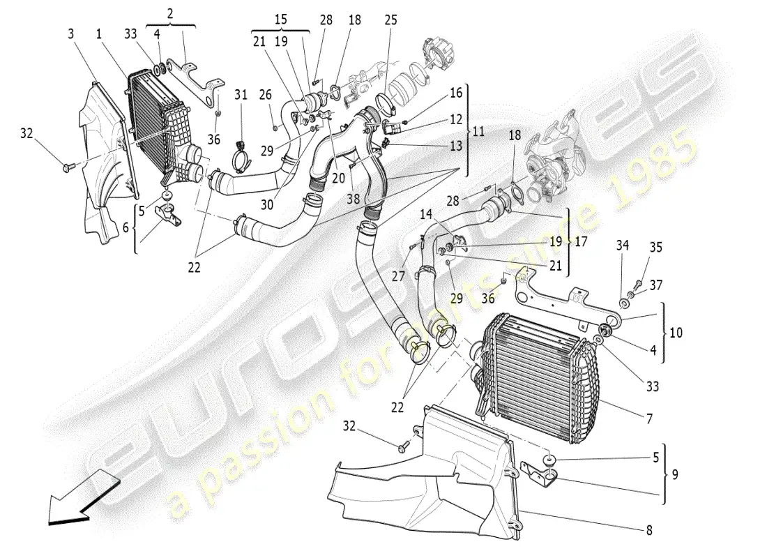 maserati ghibli (2019) diagrama de piezas del sistema intercooler