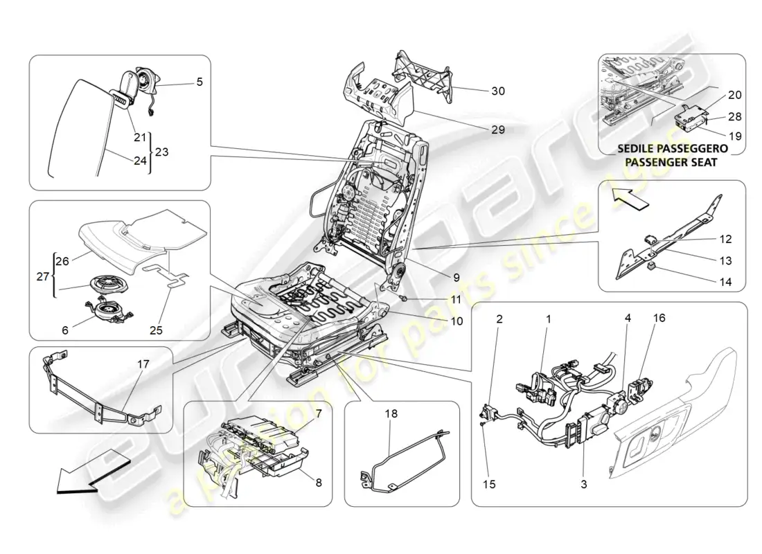 maserati levante modena (2022) asientos delanteros: mecánica y electrónica diagrama de piezas