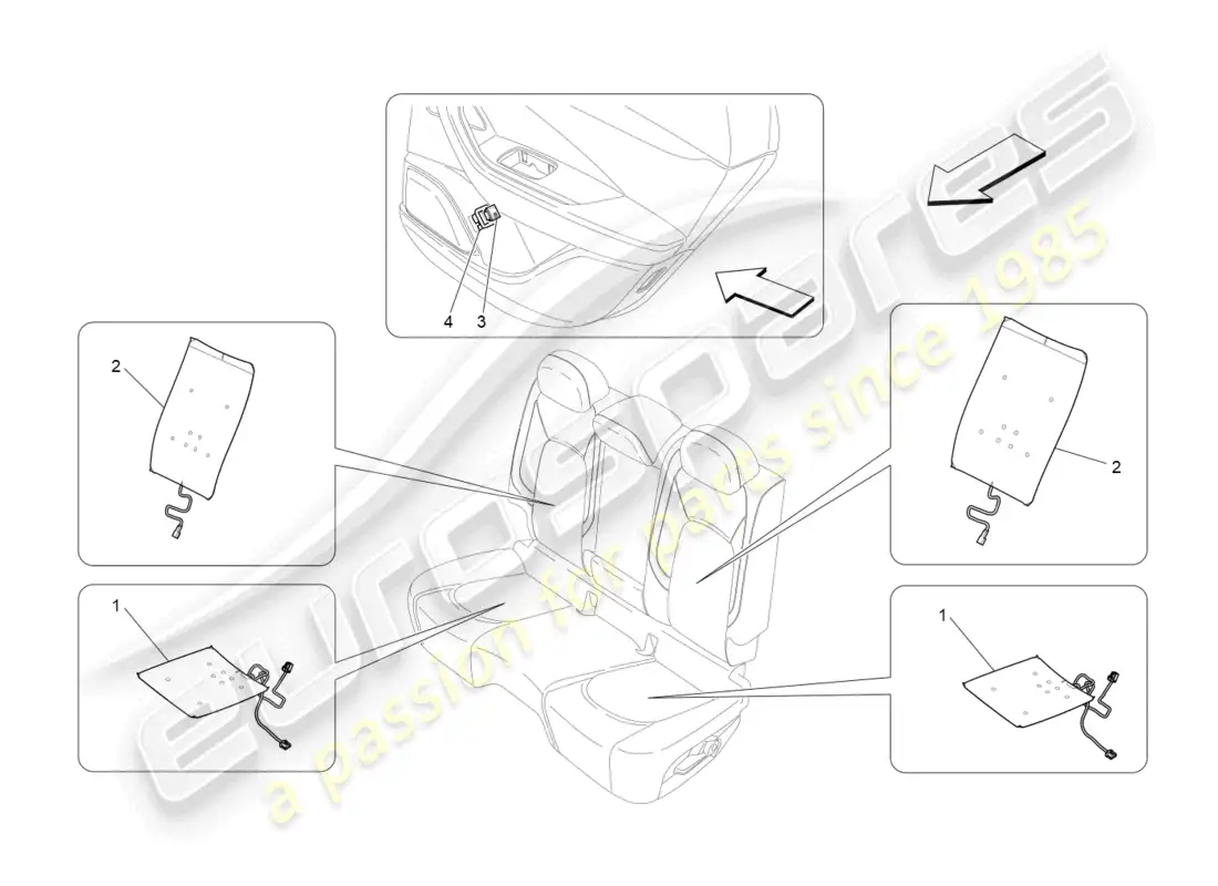 maserati levante modena (2022) asientos traseros: mecánica y electrónica diagrama de piezas