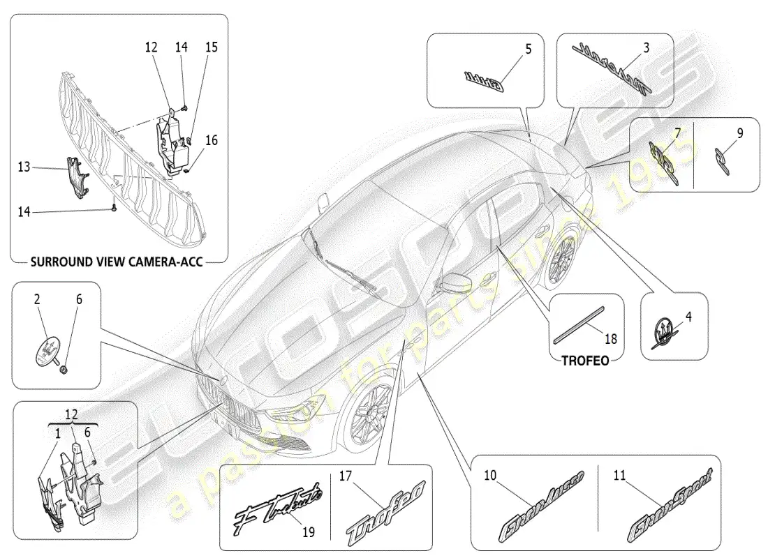 maserati ghibli (2019) diagrama de piezas de adornos, marcas y símbolos