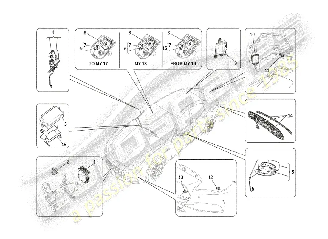 maserati ghibli (2019) sistema de asistencia a la conducción diagrama de piezas
