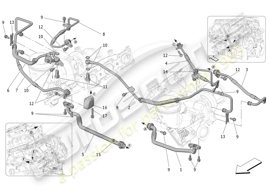 maserati mc20 (2023) sistema de turboalimentación: lubricación y enfriamiento diagrama de piezas