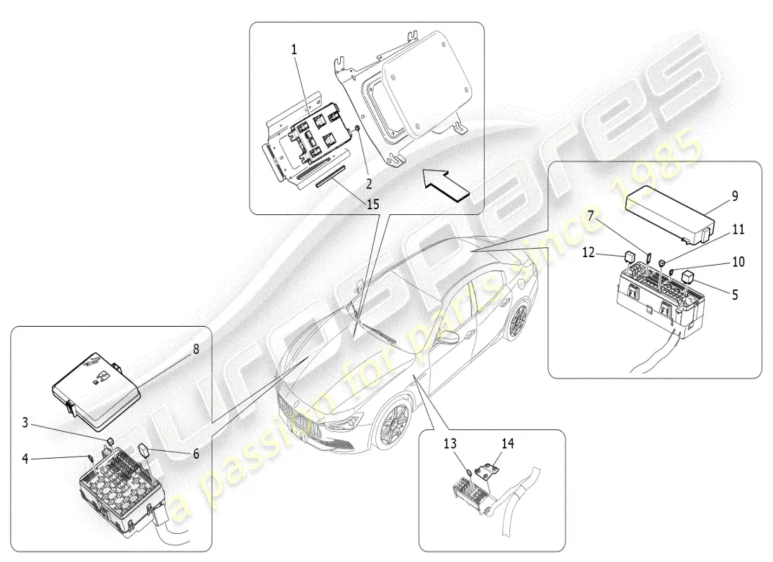 maserati ghibli (2019) diagrama de piezas de relés, fusibles y cajas