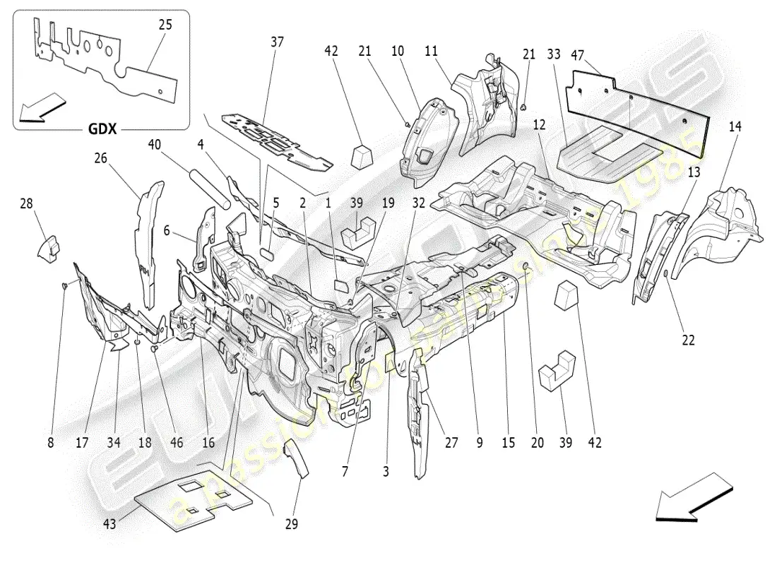 maserati ghibli (2019) paneles de insonorización en el interior del vehículo. diagrama de piezas.