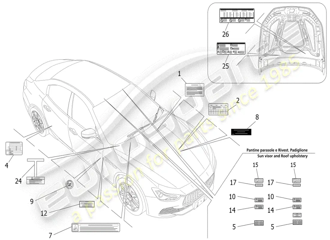 maserati ghibli (2019) diagrama de piezas de pegatinas y etiquetas