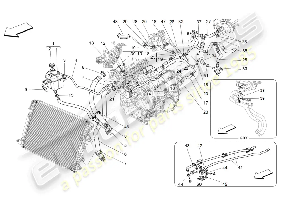 maserati levante (2018) sistema de enfriamiento: nourice y líneas diagrama de piezas