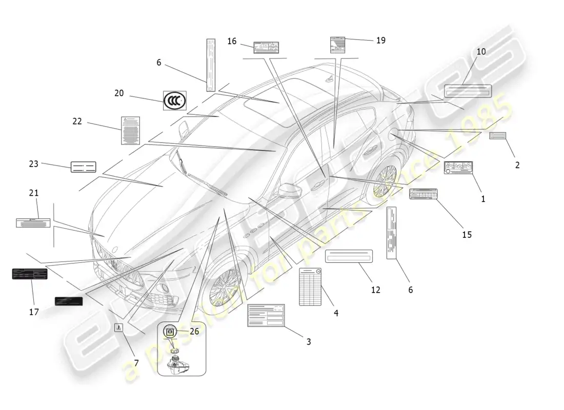 maserati levante (2018) pegatinas y etiquetas diagrama de piezas