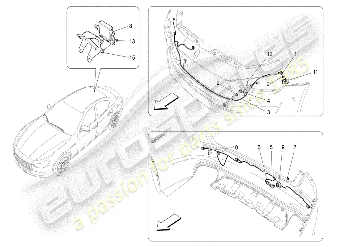 maserati ghibli (2019) diagrama de piezas de los sensores de estacionamiento