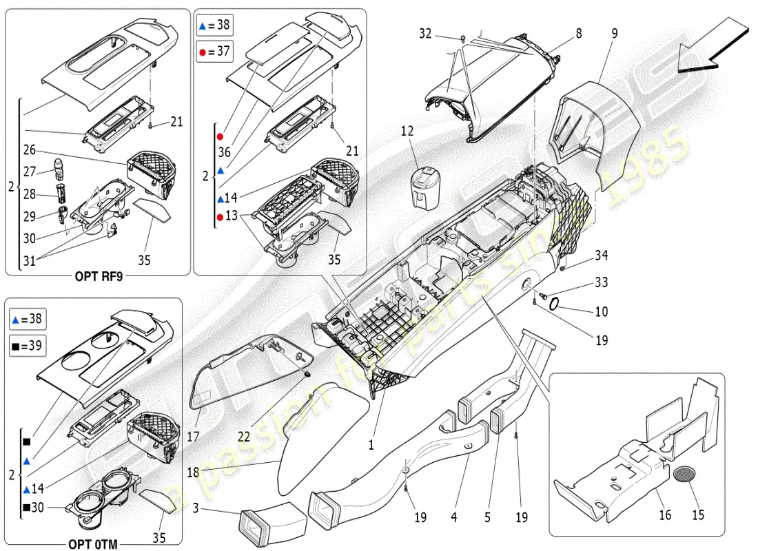 maserati ghibli (2019) diagrama de piezas de la consola de accesorios y la consola central