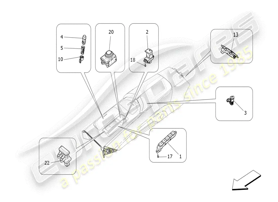 maserati ghibli (2019) diagrama de piezas de los dispositivos de la consola central