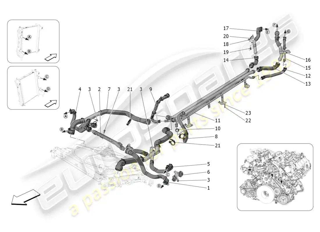 maserati mc20 (2022) sistema de enfriamiento: nourice y líneas diagrama de piezas
