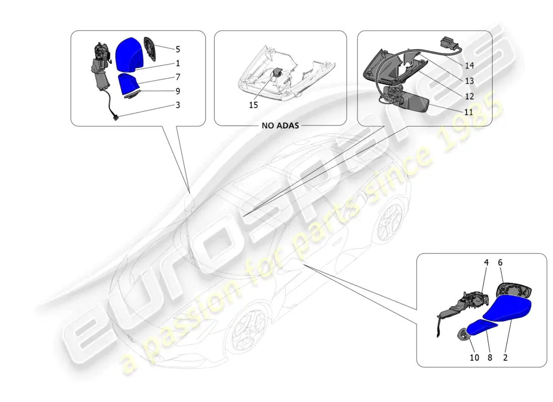 maserati mc20 cielo (2023) espejos retrovisores interiores y exteriores diagrama de piezas