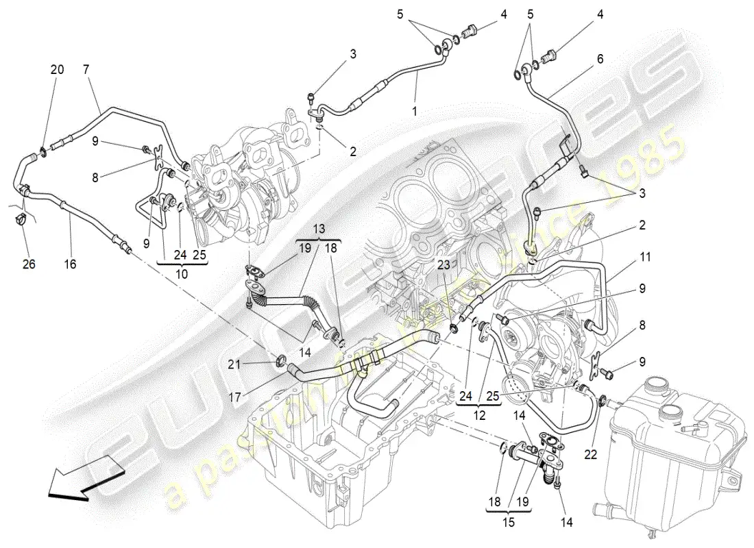maserati ghibli (2019) sistema de turbocargación: lubricación y enfriamiento diagrama de piezas