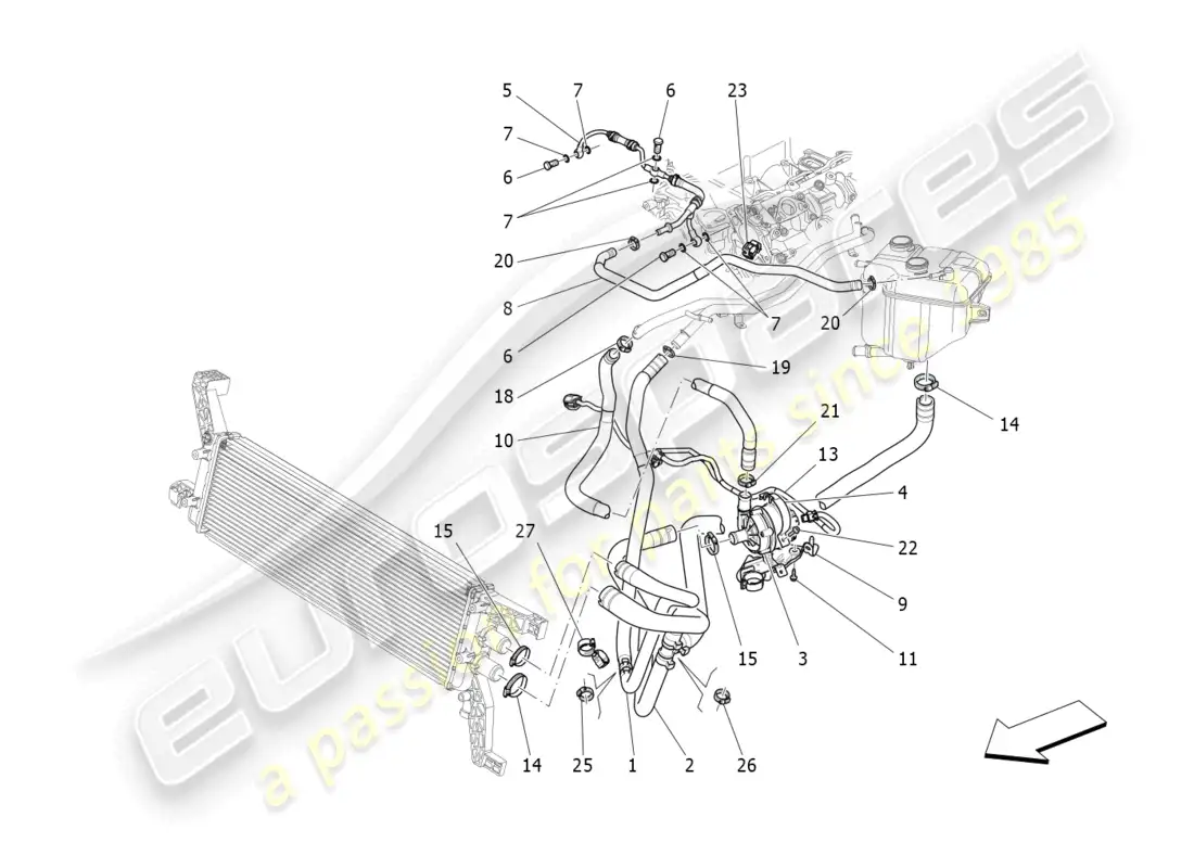 maserati levante gts (2020) sistema de enfriamiento: nourice y líneas diagrama de piezas