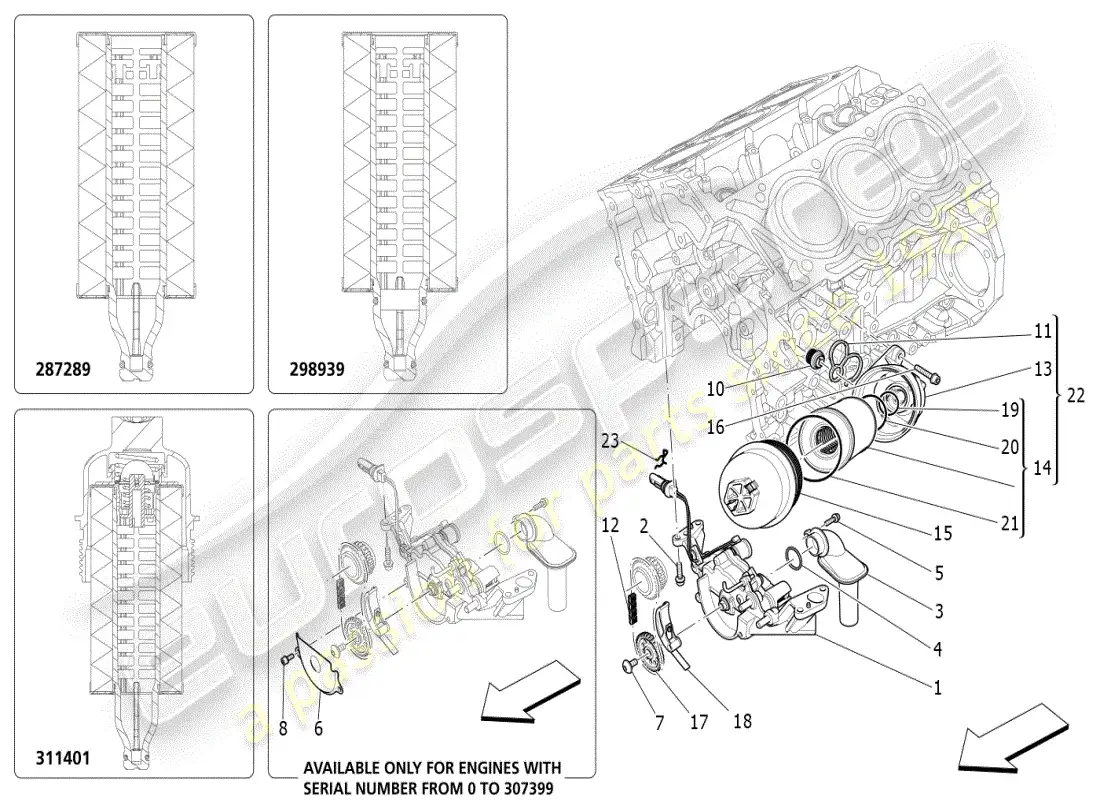 maserati ghibli (2019) sistema de lubricación: diagrama de piezas de bomba y filtro