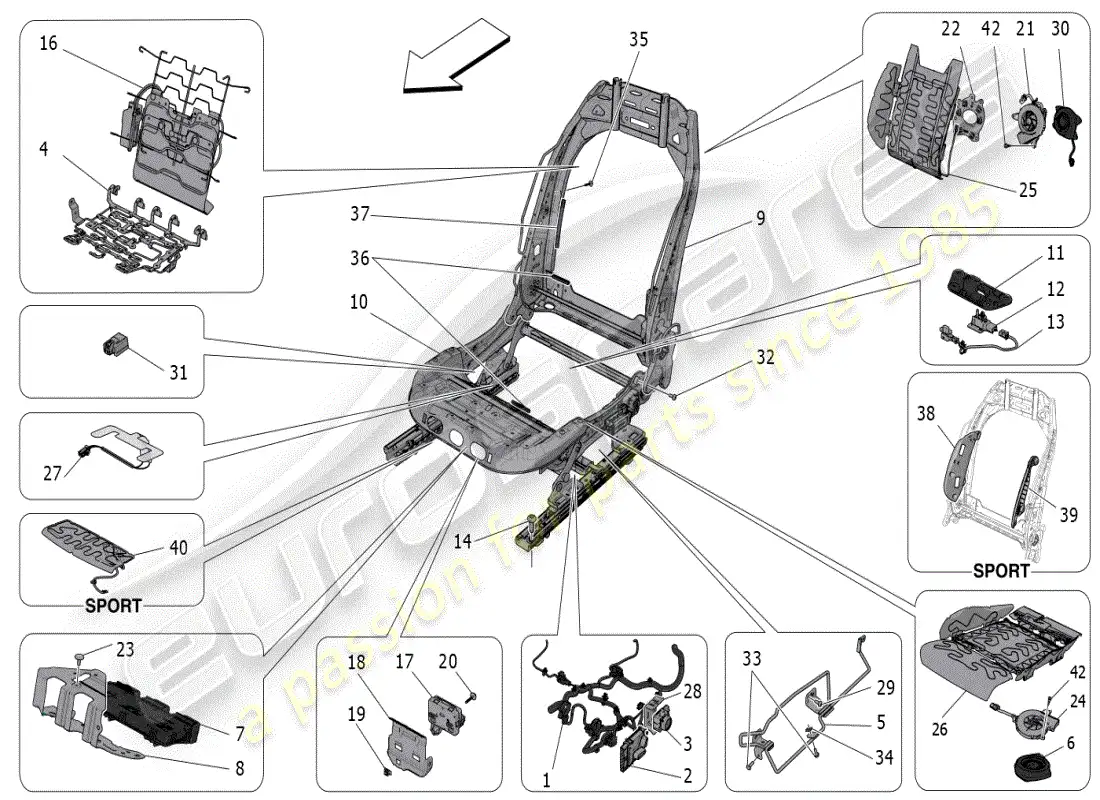 maserati grecale modena (2023) asientos delanteros: mecánica y electrónica diagrama de piezas
