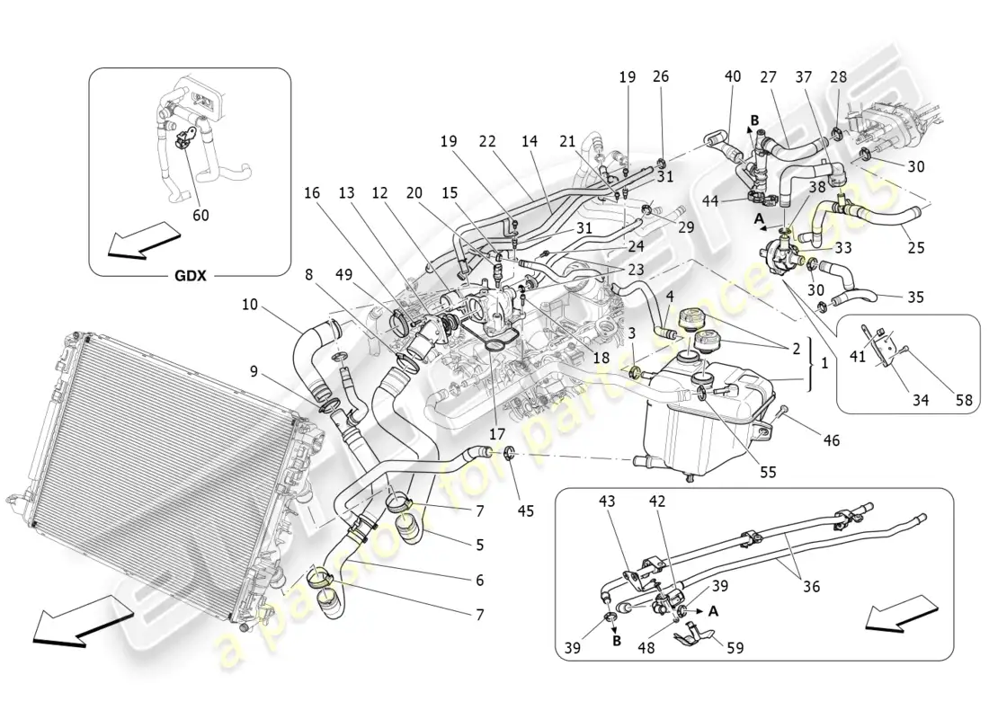 maserati levante gts (2020) sistema de enfriamiento: nourice y líneas diagrama de piezas