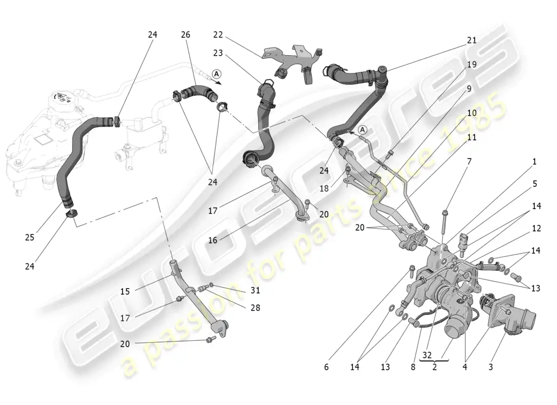 maserati grecale trofeo (2023) sistema de enfriamiento: nourice y líneas diagrama de piezas