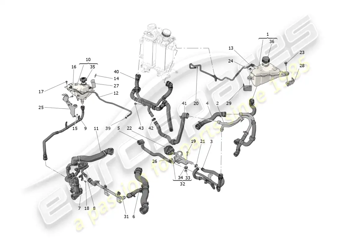 maserati grecale trofeo (2023) sistema de enfriamiento: nourice y líneas diagrama de piezas