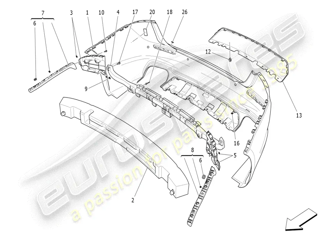 maserati ghibli (2019) diagrama de piezas del parachoques trasero