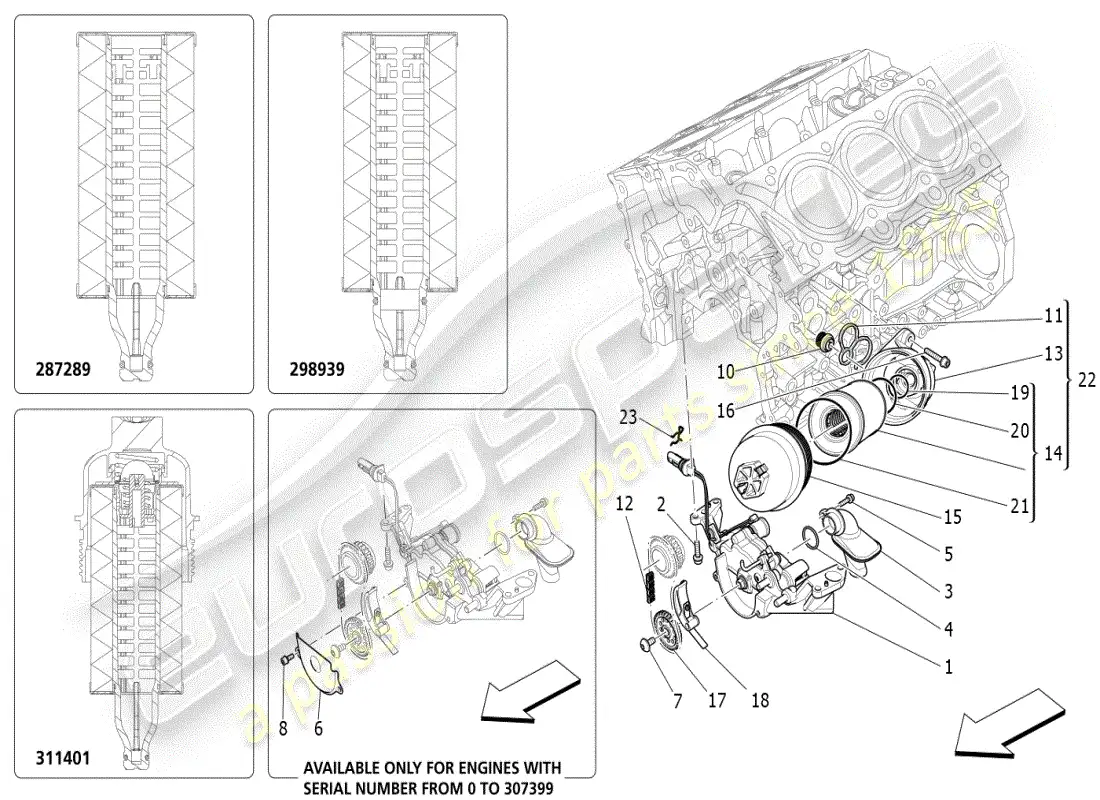 maserati ghibli (2019) sistema de lubricación: diagrama de piezas de bomba y filtro