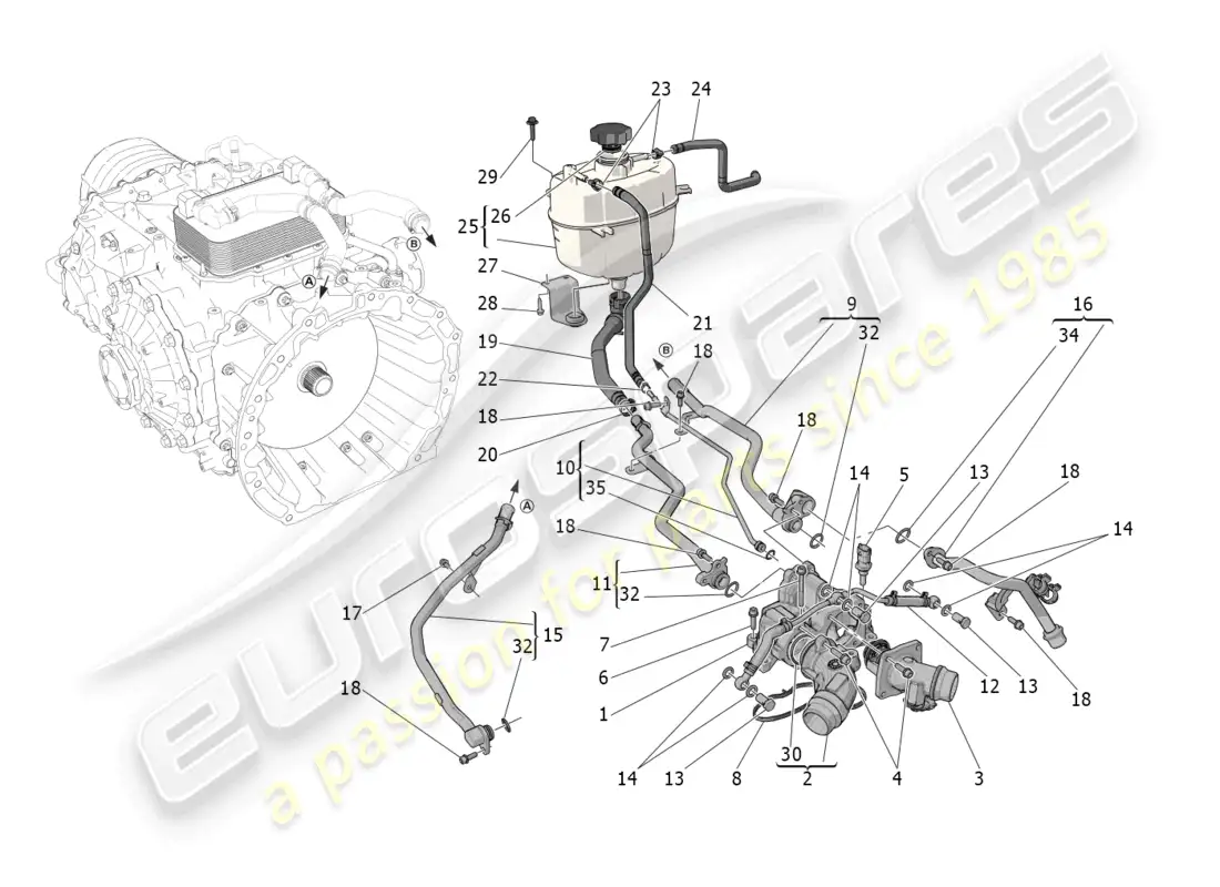 maserati mc20 (2022) sistema de enfriamiento: nourice y líneas diagrama de piezas